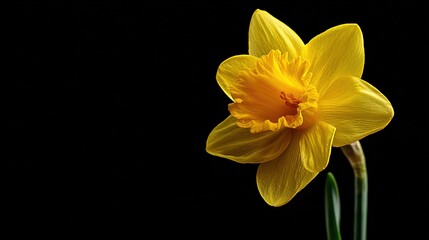   Yellow Daffodil on Black Background - Green Stem