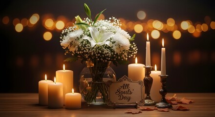 Candles, a wooden table, a vase with white flowers, a dazzling bokeh background, dramatic lighting, and the inscription "all souls day."