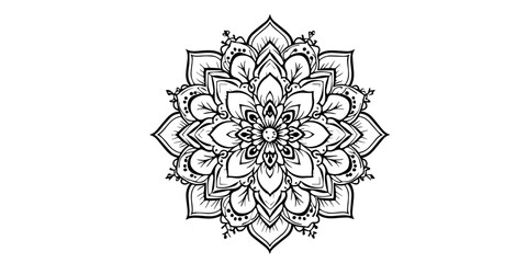 Intricate black and white mandala design with symmetrical floral patterns and geometric shapes