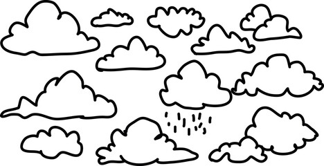 Black outline clouds and rain drops on white background