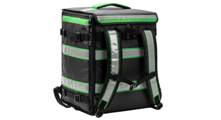 Insulated delivery backpack with green accents and reflective stripes for food delivery services ensuring temperature control and visibility at night