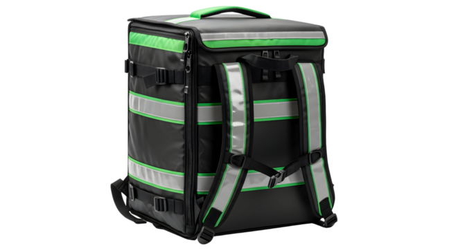 Insulated delivery backpack with green accents and reflective stripes for food delivery services ensuring temperature control and visibility at night