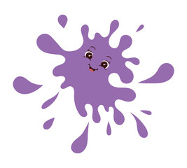 Cute purple paint splatter with smiling cartoon face. Funny ink drop character. Happy colorful blot illustration for kids design, education, art, creativity, and decoration