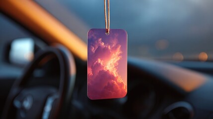 Close-up of a car dashboard and steering wheel. in the center of the image, there is a rectangular tag hanging from a string. the tag has a pink and orange cloud-like design on it.