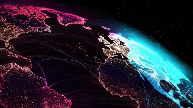 Neon-lit globe at night with city lights and glowing network lines connecting continents.