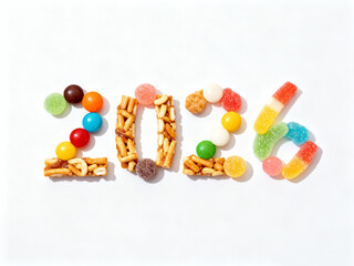 2026 Number Formed by Sweet Candies and Snacks on White Background, Festive Sugar Rush Concept