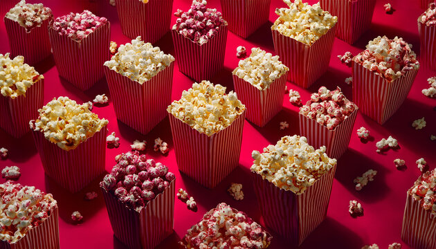 Multiple striped popcorn boxes filled with colorful popcorn on a bright red background. Fun snack pattern, party food concept, and modern pop art composition