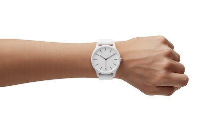 A hand wearing a white watch. mockup. Isolated on white background
