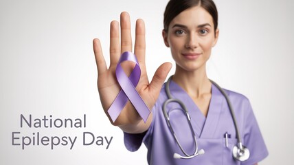 National Epilepsy Day Nurse Showing Purple Awareness Ribbon
