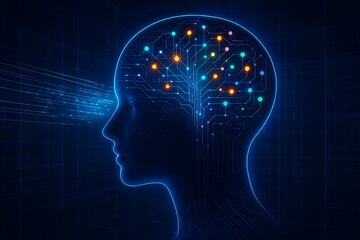Obraz premium Futuristic visualization of a digital brain and human consciousness, representing neuroscience, psychology, and technological singularity