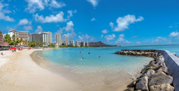 Panoramic view of Kahanamoku beach, Waikiki, Honolulu, Oahu, Hawaii, USA