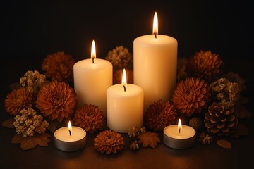 Peaceful remembrance setting – soft flames and floral arrangement ideal for All Saints’ Day or memorial services