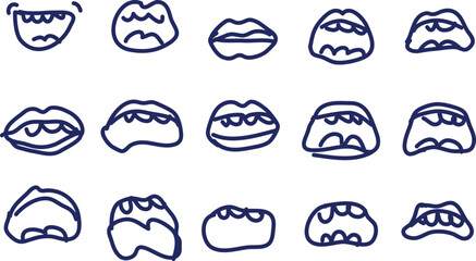 Collection of hand drawn dark blue mouths and teeth on white