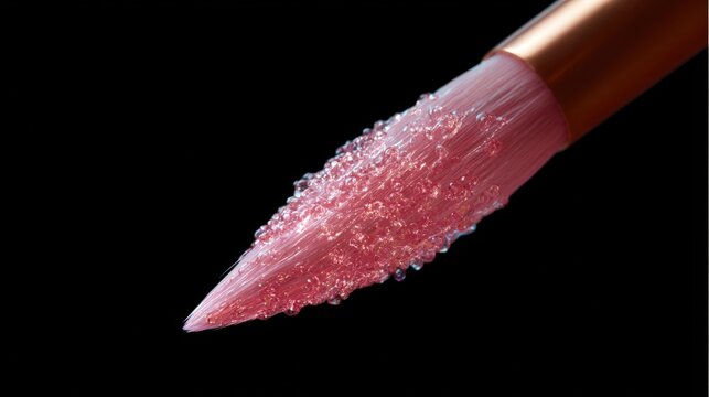 Close-up of a pink lipstick brush. the brush has a long, pointed tip with a pointed end. the bristles of the brush are covered in small, sparkling particles, giving it a shiny appearance.