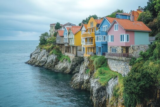 Colorful coastal houses on rocky cliffside overlooking ocean