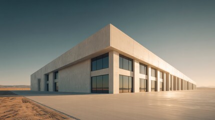 Architectural Elegance in the Desert: An imposing, modern building with clean lines and expansive windows rises majestically against a vast, open sky.