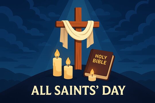 All Saints’ Day vector illustration with wooden cross draped in cloth, glowing candles, and Holy Bible on night sky