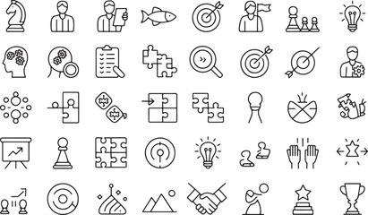 A set of 30 black and white line art icons neatly arranged in 5 rows  