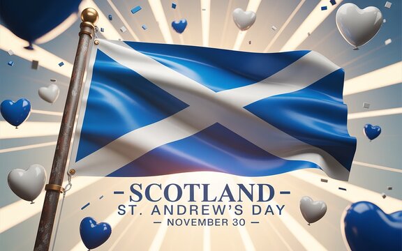 St. Andrew's Day Flag of Scotland with Hearts and Confetti