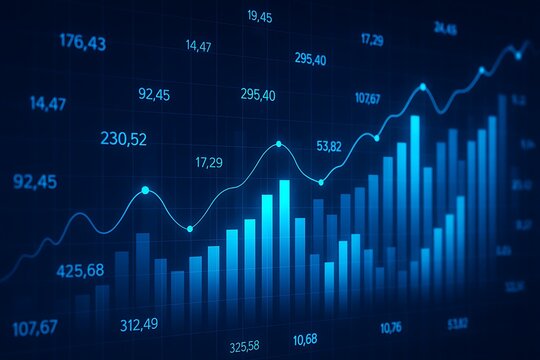 Blue financial dashboard with glowing bar chart and ascending trend line representing market growth and stock analytics