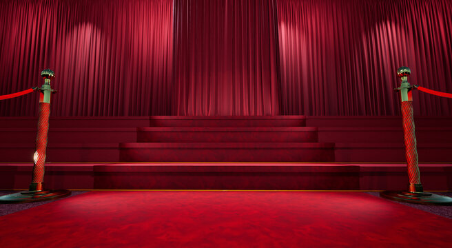 red carpet with barrieres leading to a staircase with red curtain