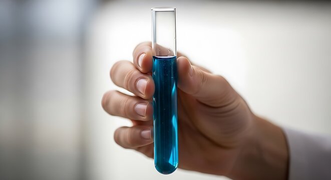 Hand holding blue liquid test tube.