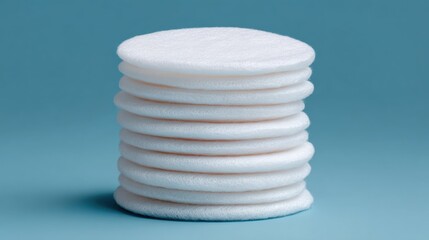 Obraz premium Stack of white cotton pads on a light blue background. the pads are arranged in a circular pattern, with the topmost pad being the smallest and the bottommost being the largest.