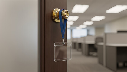 An empty name badge hanging near a closed office door.