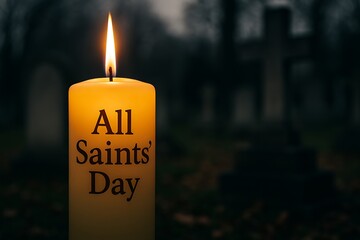 Faith and remembrance – single pillar candle honoring All Saints Day against a somber graveyard background