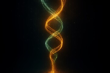 Abstract glowing golden and teal dna helix on black background