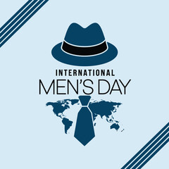 Vector art of international mens day graphic with a fedora hat, tie, and world map silhouette on a light blue background