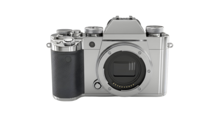 Silver mirrorless camera with black grip showcasing professional photography equipment for photographic enthusiasts and creatives