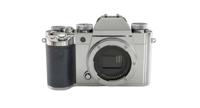 Silver mirrorless camera with black grip showcasing professional photography equipment for photographic enthusiasts and creatives