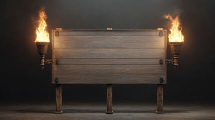Ancient Announcement Board: A weathered wooden board, flanked by two flickering torches, evokes a sense of history and mystery. This evocative scene, bathed in soft light.