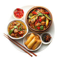 Delicious Asian feast featuring spicy chicken, spring rolls, and fresh herbs on a white plate isolated on transparent background