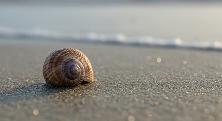 Dreamy spiral seashell on golden sand with soft ocean waves at sunrise creates peaceful coastal serenity