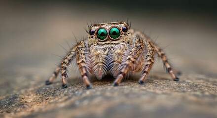 Stunning close-up of a vibrant jumping spider with mesmerizing green eyes, showcasing nature's beauty