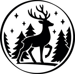 Winter holidays laser cut circle coaster template with reindeer ornaments. Cnc cutting with metal, wood, glass, engraving. Christmas decor. Vector round design