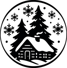 Winter holidays laser cut circle coaster template with winter cabin ornaments. Cnc cutting with metal, wood, glass, engraving. Christmas decor. Vector round design