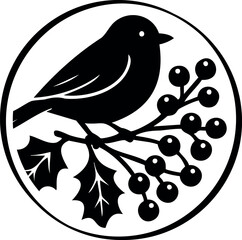 Winter holidays laser cut circle coaster template with bird on holly branch  ornaments. Cnc cutting with metal, wood, glass, engraving. Christmas decor. Vector round design