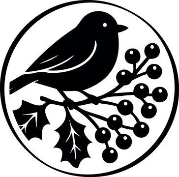 Winter holidays laser cut circle coaster template with bird on holly branch  ornaments. Cnc cutting with metal, wood, glass, engraving. Christmas decor. Vector round design