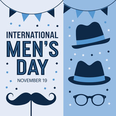 Vector art of international mens day poster with a split design, showcasing hats, mustaches, and glasses on one side and text on the other, celebrating men on november 19th
