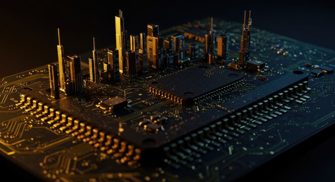 Futuristic cityscape emerging from a detailed computer circuit board, highlighting innovation and technology - Powered by Adobe