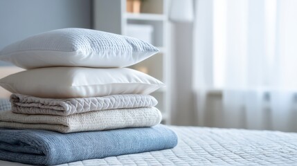Cozy Comfort Stack: A stack of plush pillows and folded blankets rests peacefully on a bed, embodying serenity and relaxation in a cozy bedroom scene.