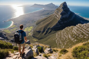 Naklejka premium Wanderer auf dem Tafelberg mit atemberaubendem Blick auf Kapstadt und die Küste