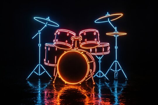 A dark background features an illustration of a drum set in neon light