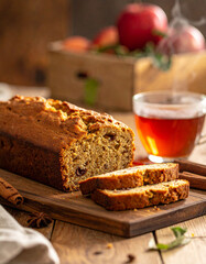 Spiced Apple Loaf Slice Steaming Tea Cup 