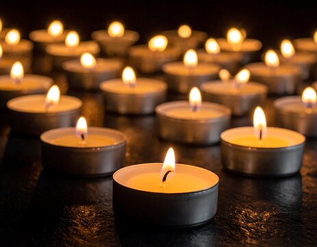 A close-up photograph of multiple lit tealight candles - Powered by Adobe