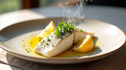 Steamed white fish fillet with lemon and herbs on ceramic plate