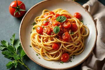 A delicious bowl of spaghetti pasta with a rich marinara sauce, topped with fresh cherry tomatoes and basil leaves, served on a rustic tabletop